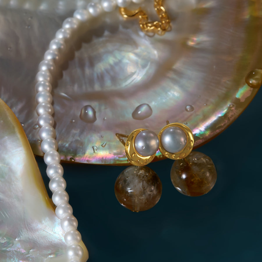 Moonlit Grace / Lunar Phase& Moon Minimalist Pearl Stud Earrings