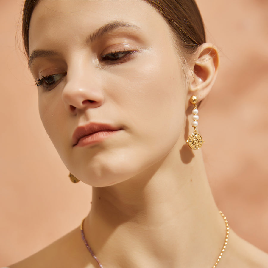 「Three Charms」Solar Meridian the Sun pearl tassel drop earrings