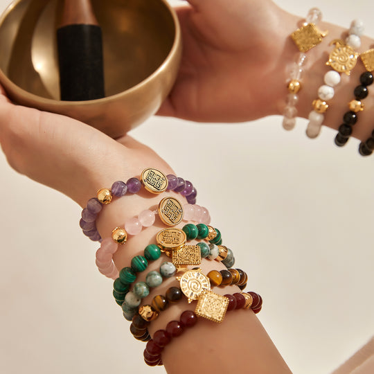 「Three Charms」 Sundial &Lotus&The endless love knot Rock Quartz beaded bracelet