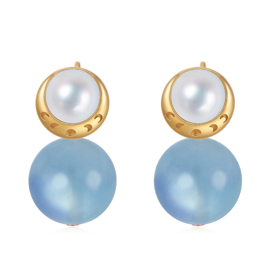 Starry Moon / Lunar Phase Pearl & Moon Crystal Stud Earrings