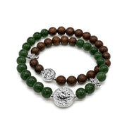 Lotus Within · 18K Gold Vermeil / Rhodium Plated Sterling Silver Lotus & Fish Coin Double Wrap Golden Sandalwood & Green Jade Bracelet