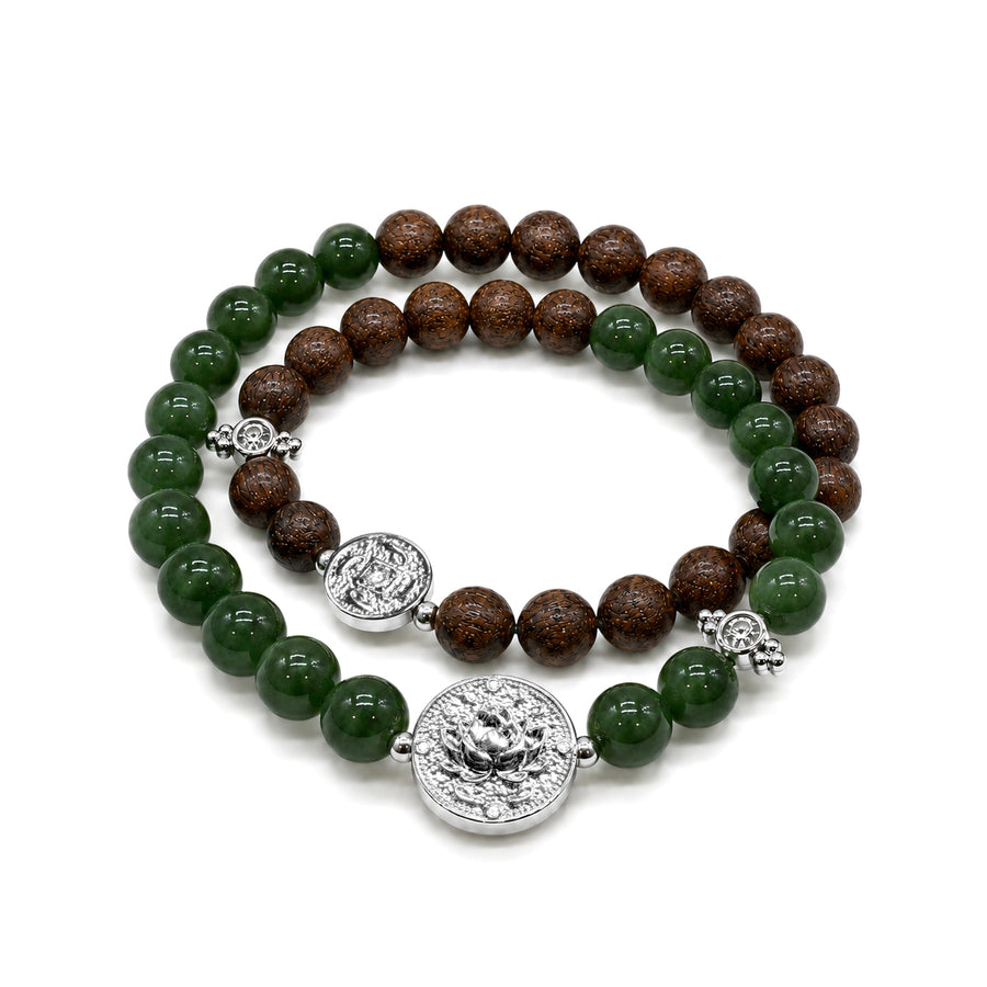 Lotus Within · 18K Gold Vermeil / Rhodium Plated Sterling Silver Lotus & Fish Coin Double Wrap Golden Sandalwood & Green Jade Bracelet