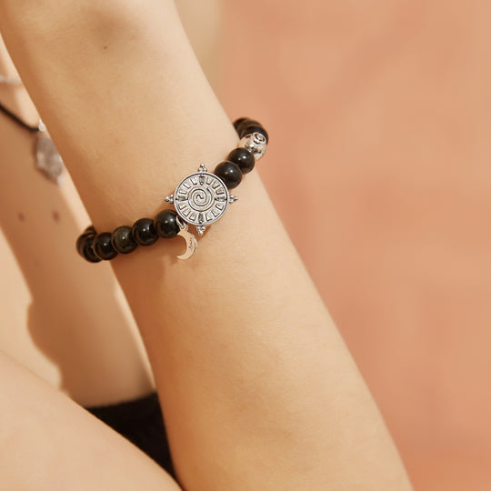 「Three Charms」 Sundial &Lotus&The endless love knot Black Agate beaded bracelet