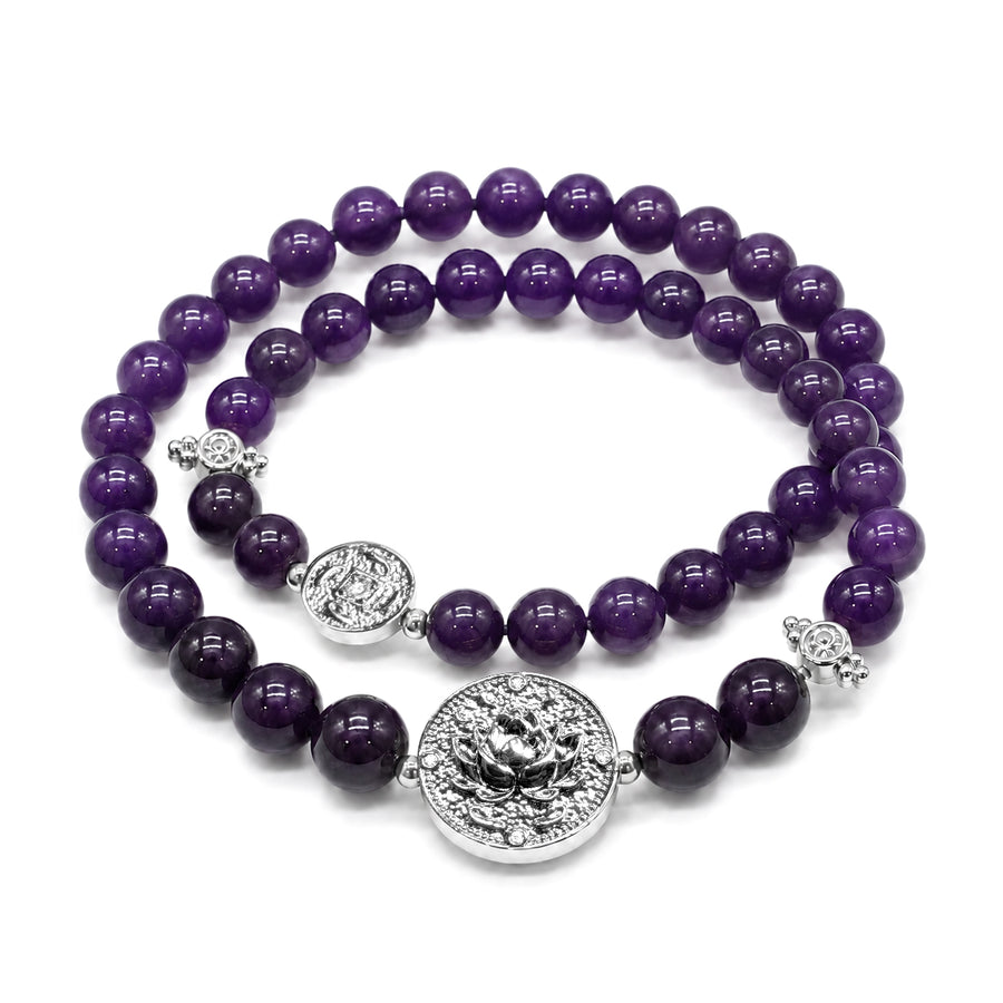 Lotus Within · 18K Gold Vermeil / Rhodium Plated Sterling Silver Lotus & Fish Coin Double Wrap Amethyst Bracelet