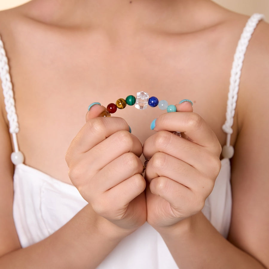 Chakra Flow / Lunar Phase& Moon Seven Chakra Clear Quartz Crystal Bracelet