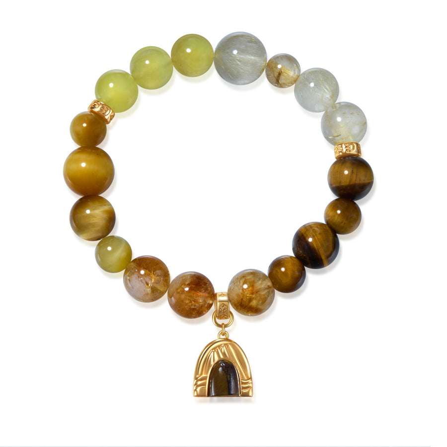 「Thousand Miles」Solid 925 Sterling Silver, 18K Gold/White Gold Plated Yellow Color Healing Tiger Eye Earth Mountain Pendant Crystal Gemstone Beads Bracelet