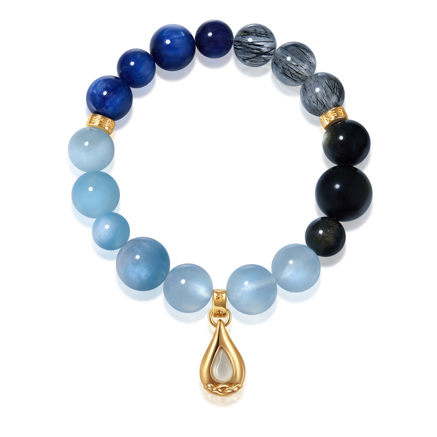 「Endless」Solid 925 Sterling Silver, 18K Gold/White Gold Plated Blue Black Color Healing Aquamarine Waterdrop Pendant Crystal Gemstone Beads Bracelet