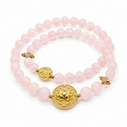 Lotus Within · 18K Gold Vermeil / Rhodium Plated Sterling Silver Lotus & Fish Coin Double Wrap Rose Quartz Bracelet