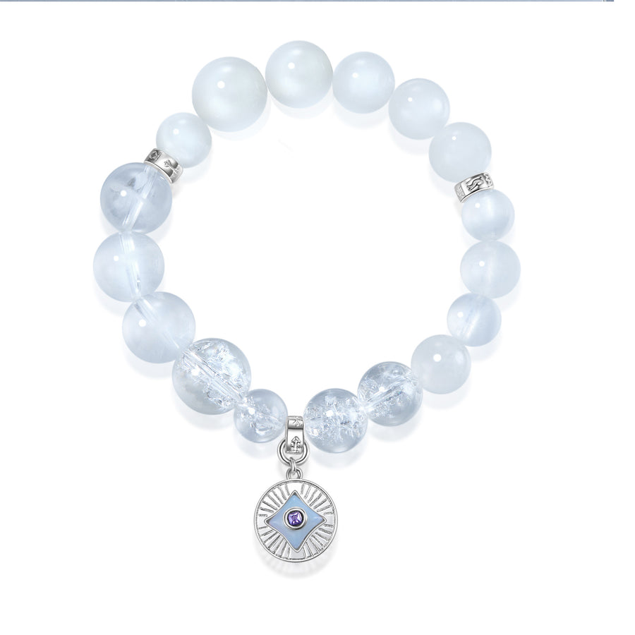 「Hidden Aura」Solid 925 Sterling Silver, 18K Gold/White Gold Plated White Color Healing Moonstone Sunlight Pendant Crystal Gemstone Beads Bracelet