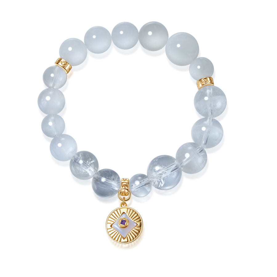 「Hidden Aura」Solid 925 Sterling Silver, 18K Gold/White Gold Plated White Color Healing Moonstone Sunlight Pendant Crystal Gemstone Beads Bracelet