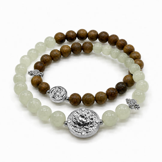 Lotus Within · 18K Gold Vermeil / Rhodium Plated Sterling Silver Lotus & Fish Coin Double Wrap Green Sandalwood & Celadon Nephrite Jade Bracelet