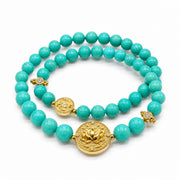 Lotus Within · 18K Gold Vermeil / Rhodium Plated Sterling Silver Lotus & Fish Coin Double Wrap Turquoise Bracelet
