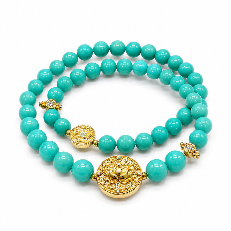 Lotus Within · 18K Gold Vermeil / Rhodium Plated Sterling Silver Lotus & Fish Coin Double Wrap Turquoise Bracelet