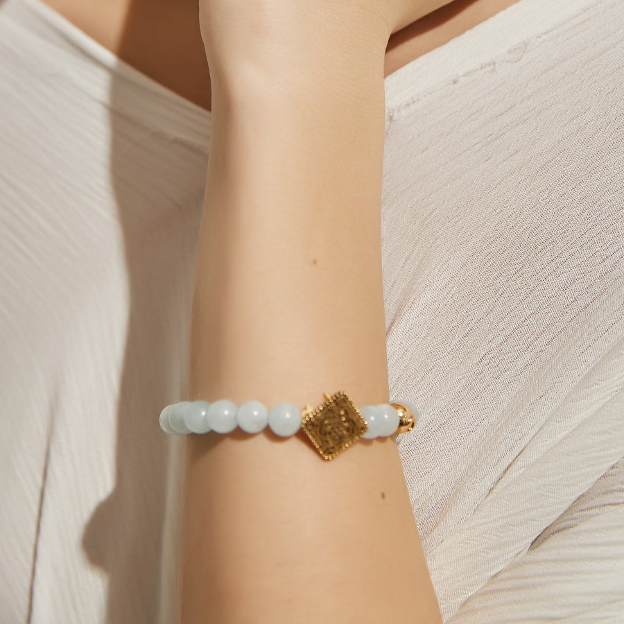 「Three Charms」 Sundial &Lotus& The endless love knot Aquamarine beaded bracelet