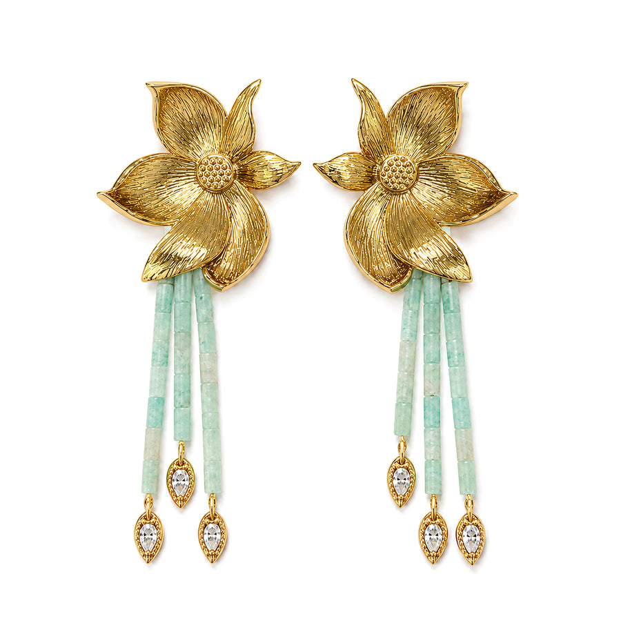 Lotus Within · 18K Gold Plated / Rhodium Plated Brass Detachable Blooming Lotus Drop Amazonite Tassel Earrings & Clip On