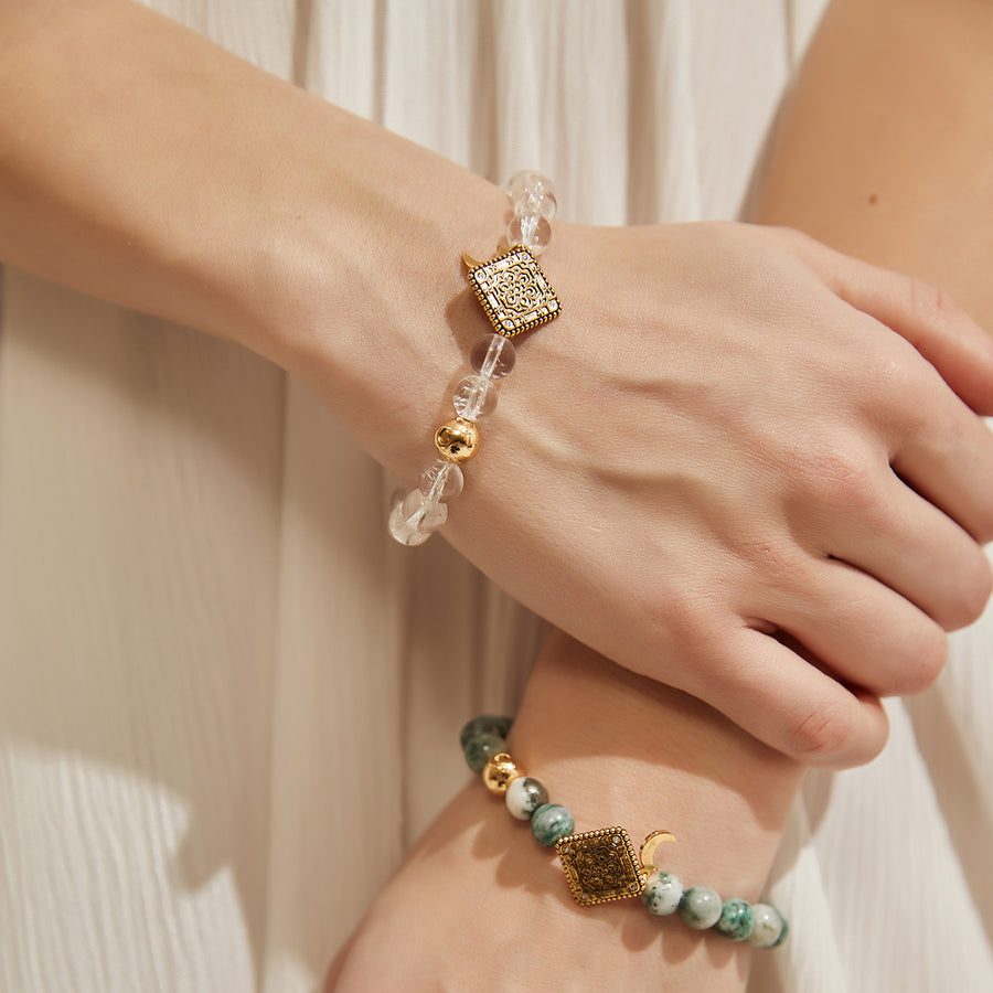 「Three Charms」 Sundial &Lotus&The endless love knot Rock Quartz beaded bracelet