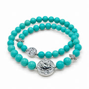 Lotus Within · 18K Gold Vermeil / Rhodium Plated Sterling Silver Lotus & Fish Coin Double Wrap Turquoise Bracelet