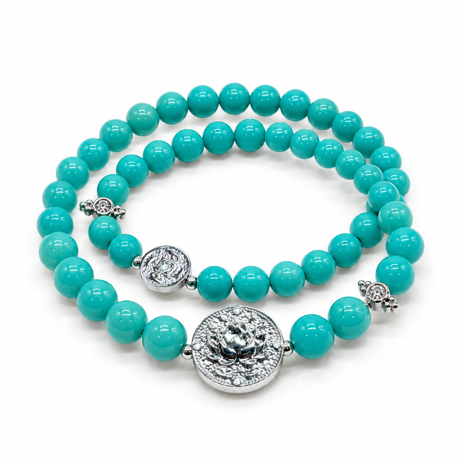 Lotus Within · 18K Gold Vermeil / Rhodium Plated Sterling Silver Lotus & Fish Coin Double Wrap Turquoise Bracelet