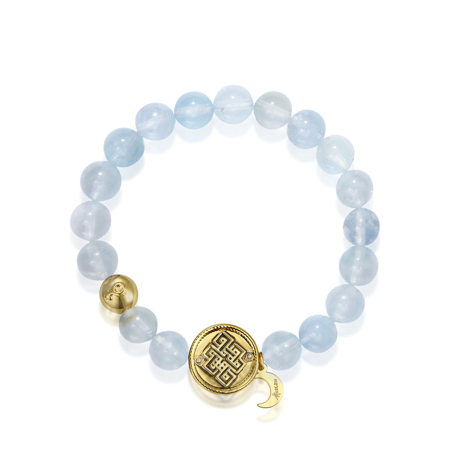 「Three Charms」 Sundial &Lotus& The endless love knot Aquamarine beaded bracelet