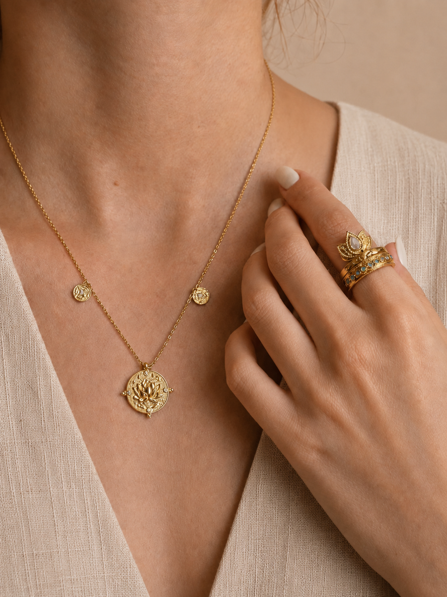 Lotus Within · 18K Gold Vermeil / Rhodium Plated Sterling Silver Blooming Lotus Drop Adjustable Open Ring