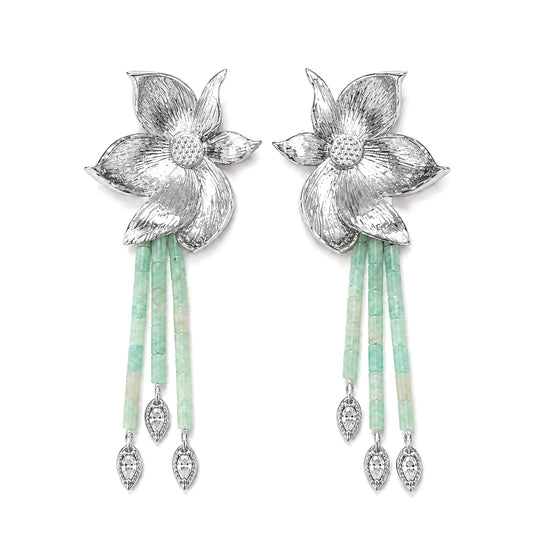 Lotus Within · 18K Gold Plated / Rhodium Plated Brass Detachable Blooming Lotus Drop Amazonite Tassel Earrings & Clip On