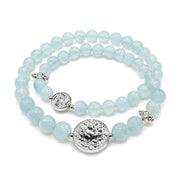 Lotus Within · 18K Gold Vermeil / Rhodium Plated Sterling Silver Lotus & Fish Coin Double Wrap Aquamarine Bracelet