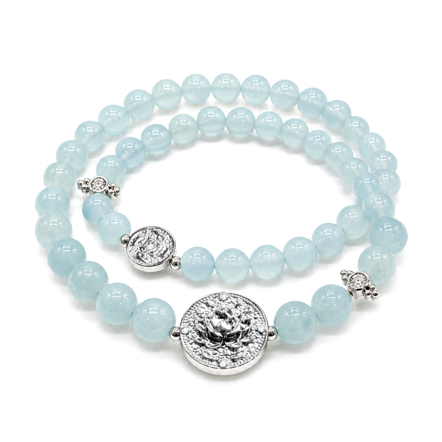 Lotus Within · 18K Gold Vermeil / Rhodium Plated Sterling Silver Lotus & Fish Coin Double Wrap Aquamarine Bracelet
