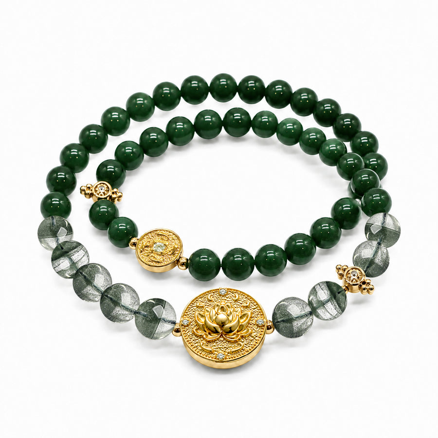 Lotus Within · 18K Gold Vermeil / Rhodium Plated Sterling Silver Lotus & Fish Coin Double Wrap Green Phantom Quartz & Green Nephrite Jade Bracelet