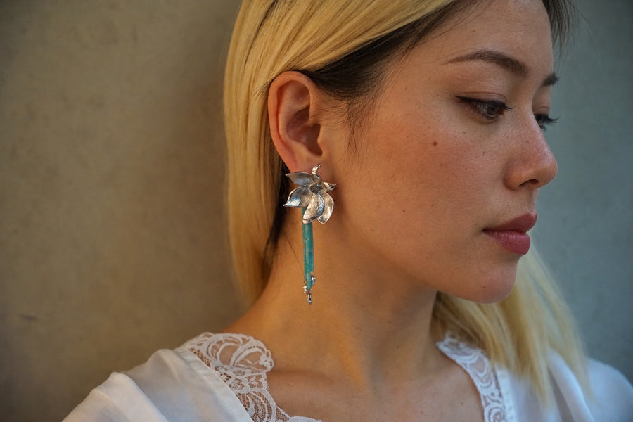 Lotus Within · 18K Gold Plated / Rhodium Plated Brass Detachable Blooming Lotus Drop Amazonite Tassel Earrings & Clip On
