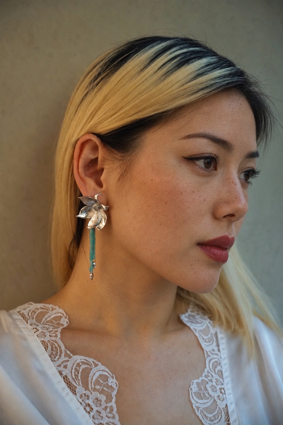 Lotus Within · 18K Gold Plated / Rhodium Plated Brass Detachable Blooming Lotus Drop Amazonite Tassel Earrings & Clip On