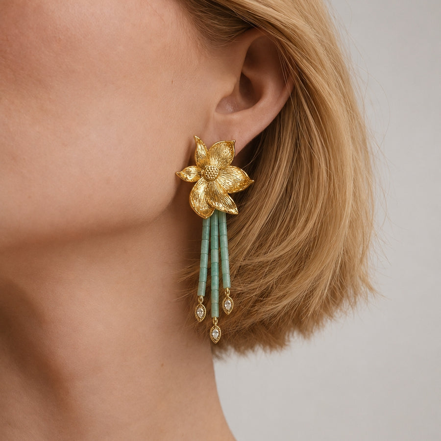Lotus Within · 18K Gold Plated / Rhodium Plated Brass Detachable Blooming Lotus Drop Amazonite Tassel Earrings & Clip On