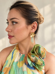 Lotus Within · 18K Gold Plated / Rhodium Plated Brass Detachable Blooming Lotus Drop Amazonite Tassel Earrings & Clip On