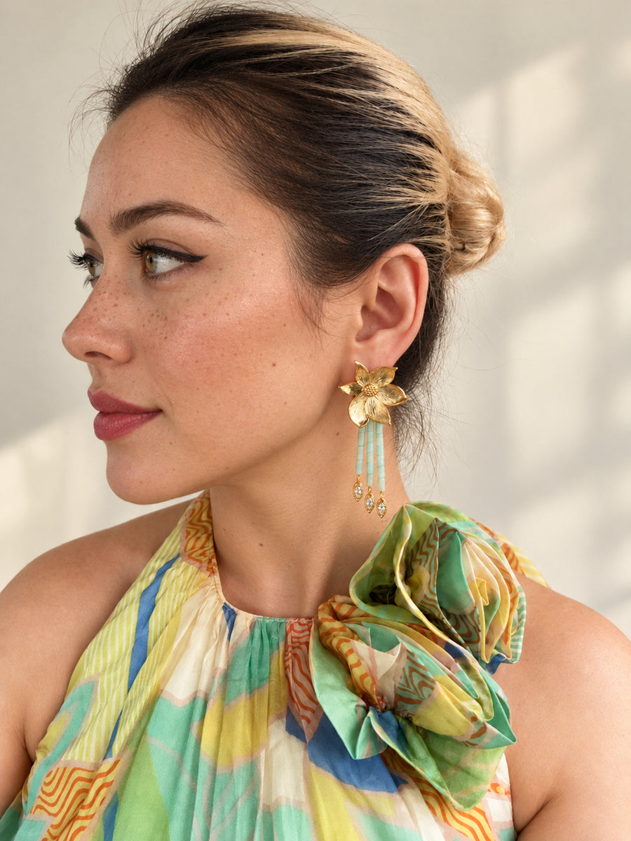 Lotus Within · 18K Gold Plated / Rhodium Plated Brass Detachable Blooming Lotus Drop Amazonite Tassel Earrings & Clip On