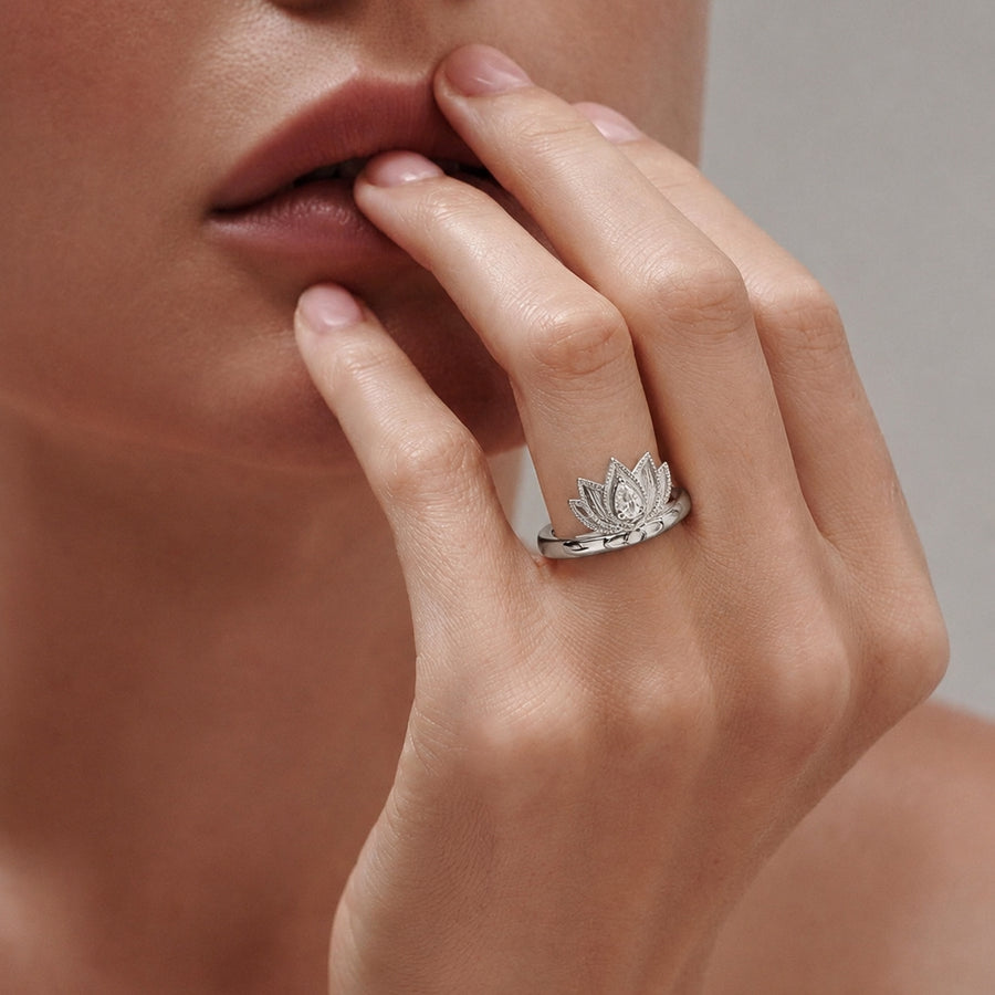 Lotus Within · 18K Gold Vermeil / Rhodium Plated Sterling Silver Blooming Lotus Drop Adjustable Open Ring