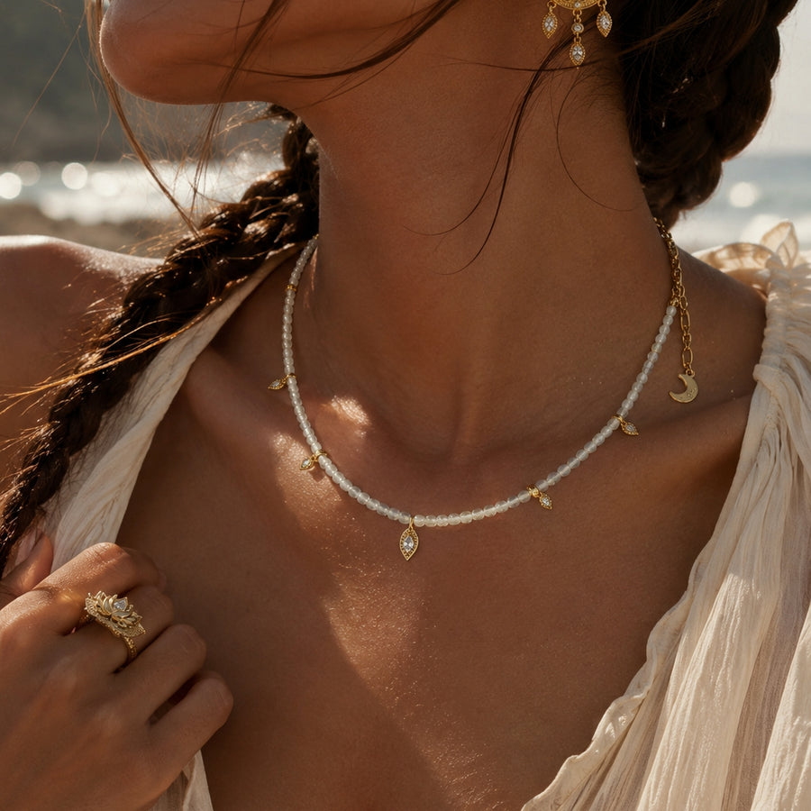 Lotus Within · 18K Gold Vermeil Starlit Moon White Phantom Quartz Choker Necklace & Bracelet