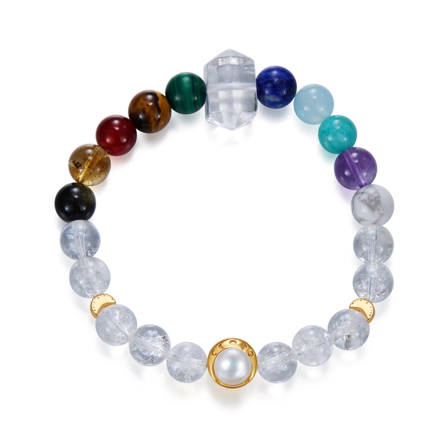 Chakra Flow / Lunar Phase& Moon Seven Chakra Clear Quartz Crystal Bracelet