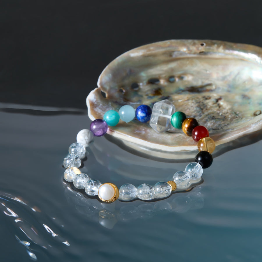 Chakra Flow / Lunar Phase& Moon Seven Chakra Clear Quartz Crystal Bracelet