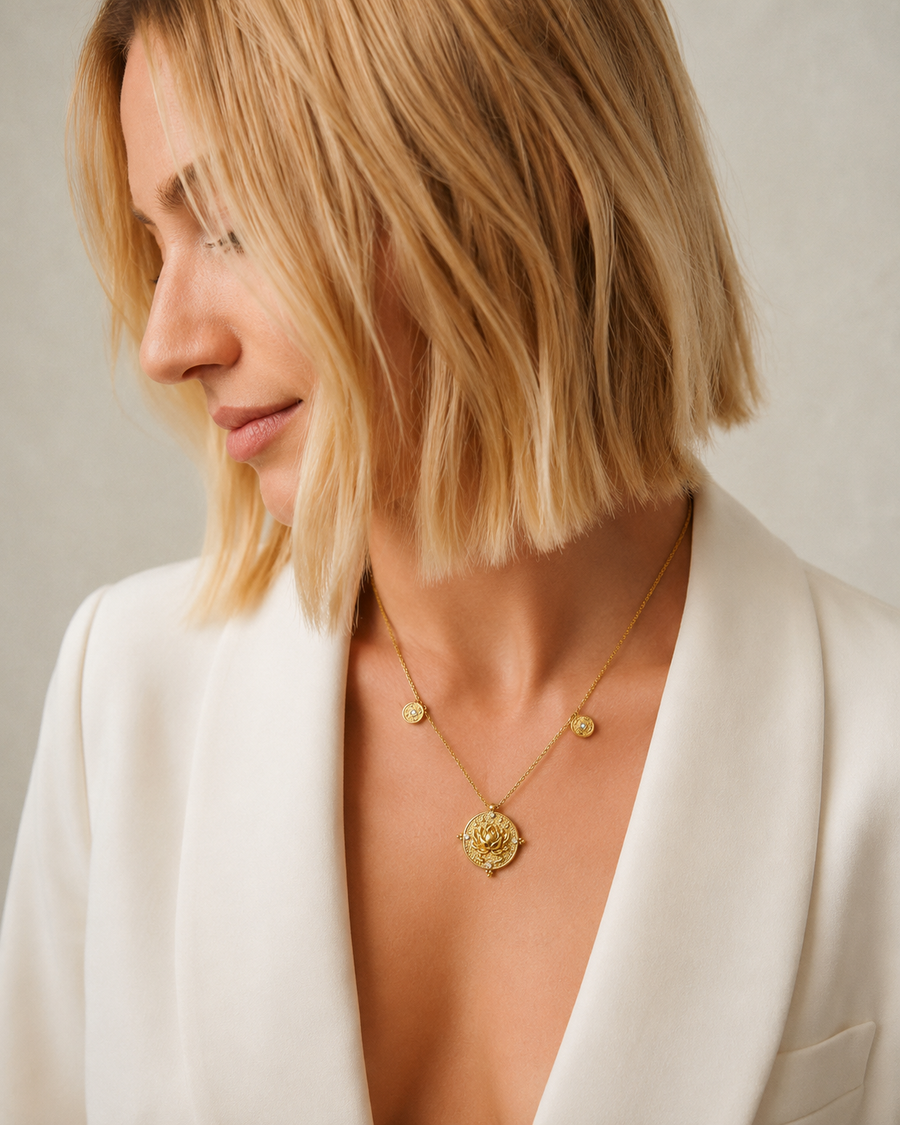 Lotus Within · 18K Gold Vermeil Lotus & Fish Coin Necklace