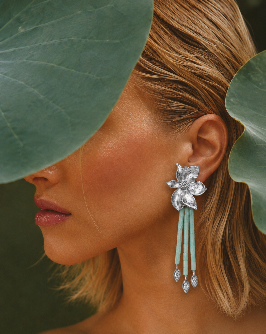 Lotus Within · 18K Gold Plated / Rhodium Plated Brass Detachable Blooming Lotus Drop Amazonite Tassel Earrings & Clip On