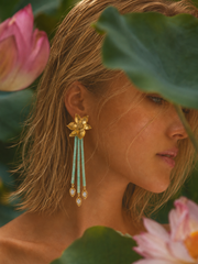 Lotus Within · 18K Gold Plated / Rhodium Plated Brass Detachable Blooming Lotus Drop Amazonite Tassel Earrings & Clip On