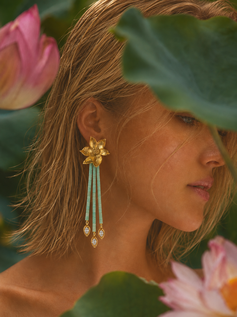 Lotus Within · 18K Gold Plated / Rhodium Plated Brass Detachable Blooming Lotus Drop Amazonite Tassel Earrings & Clip On