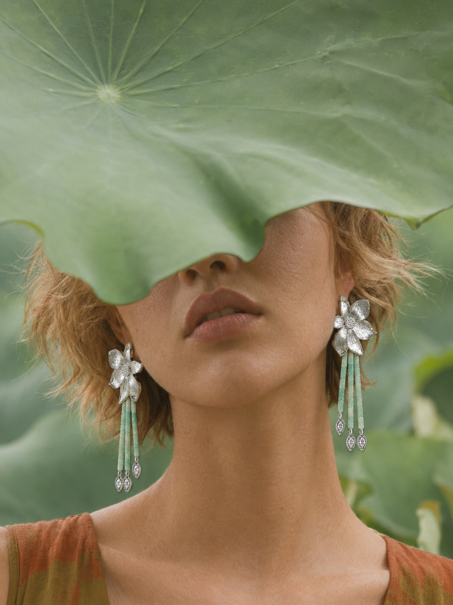 Lotus Within · 18K Gold Plated / Rhodium Plated Brass Detachable Blooming Lotus Drop Amazonite Tassel Earrings & Clip On