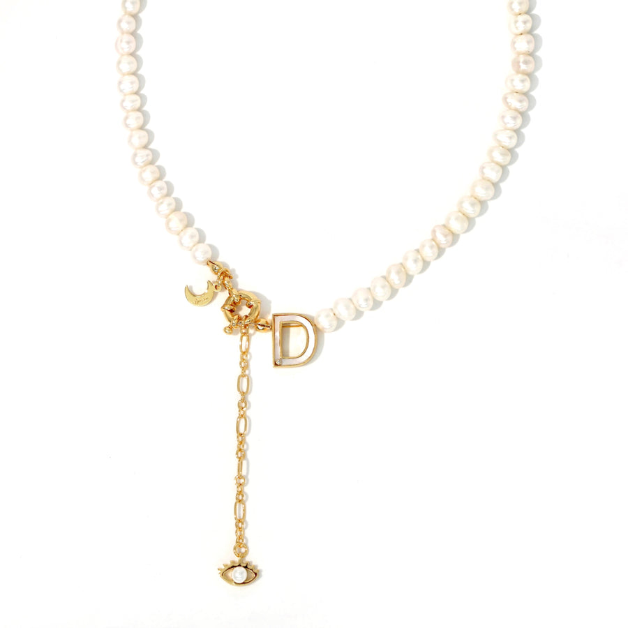 'The Alphabet Collection' 18K gold plated 26 Letter Mother of Pearl Shell Pendant Diamond Pearl Necklace