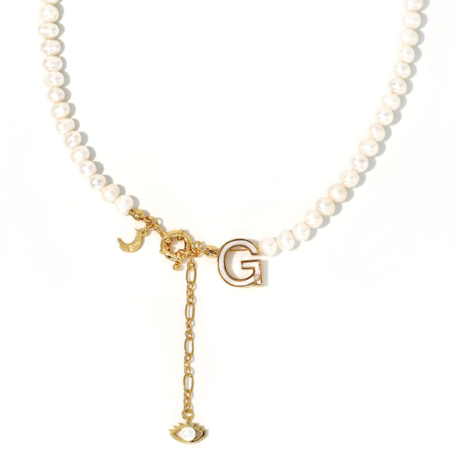 'The Alphabet Collection' 18K gold plated 26 Letter Mother of Pearl Shell Pendant Diamond Pearl Necklace