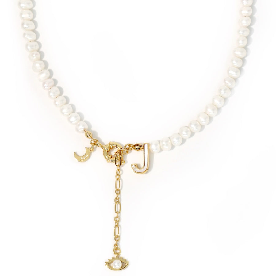 'The Alphabet Collection' 18K gold plated 26 Letter Mother of Pearl Shell Pendant Diamond Pearl Necklace