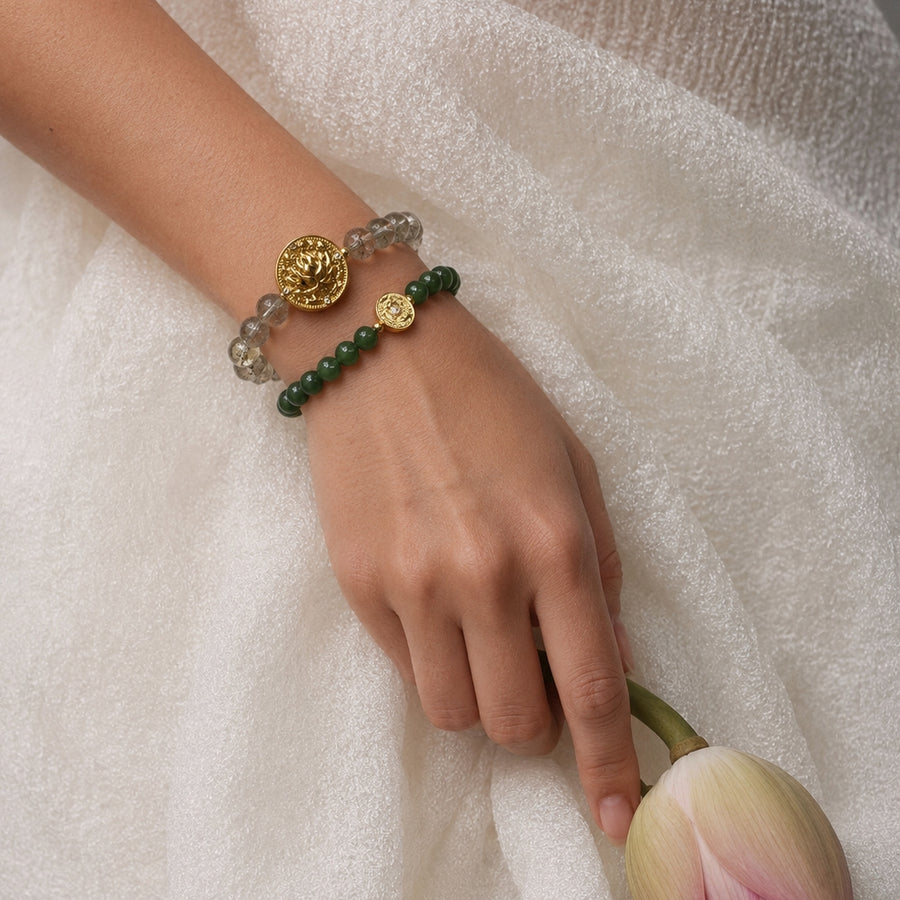Lotus Within · 18K Gold Vermeil / Rhodium Plated Sterling Silver Lotus & Fish Coin Double Wrap Green Phantom Quartz & Green Nephrite Jade Bracelet