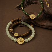 Lotus Within · 18K Gold Vermeil / Rhodium Plated Sterling Silver Lotus & Fish Coin Double Wrap Green Sandalwood & Celadon Nephrite Jade Bracelet