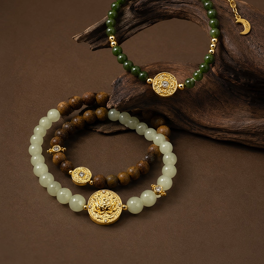 Lotus Within · 18K Gold Vermeil / Rhodium Plated Sterling Silver Lotus & Fish Coin Double Wrap Green Sandalwood & Celadon Nephrite Jade Bracelet