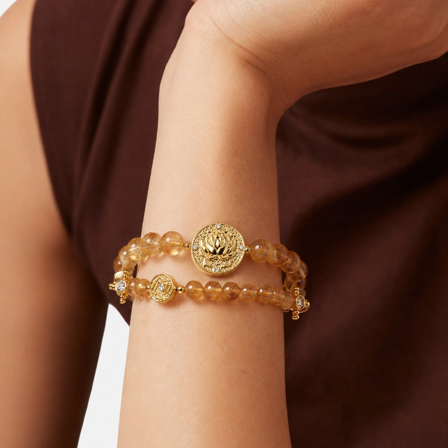 Lotus Within · Lotus & FisLotus Within · 18K Gold Vermeil / Rhodium Plated Sterling Silver Lotus & Fish Coin Double Wrap Citrine Braceleth Coin Double Wrap Citrine Bracelet