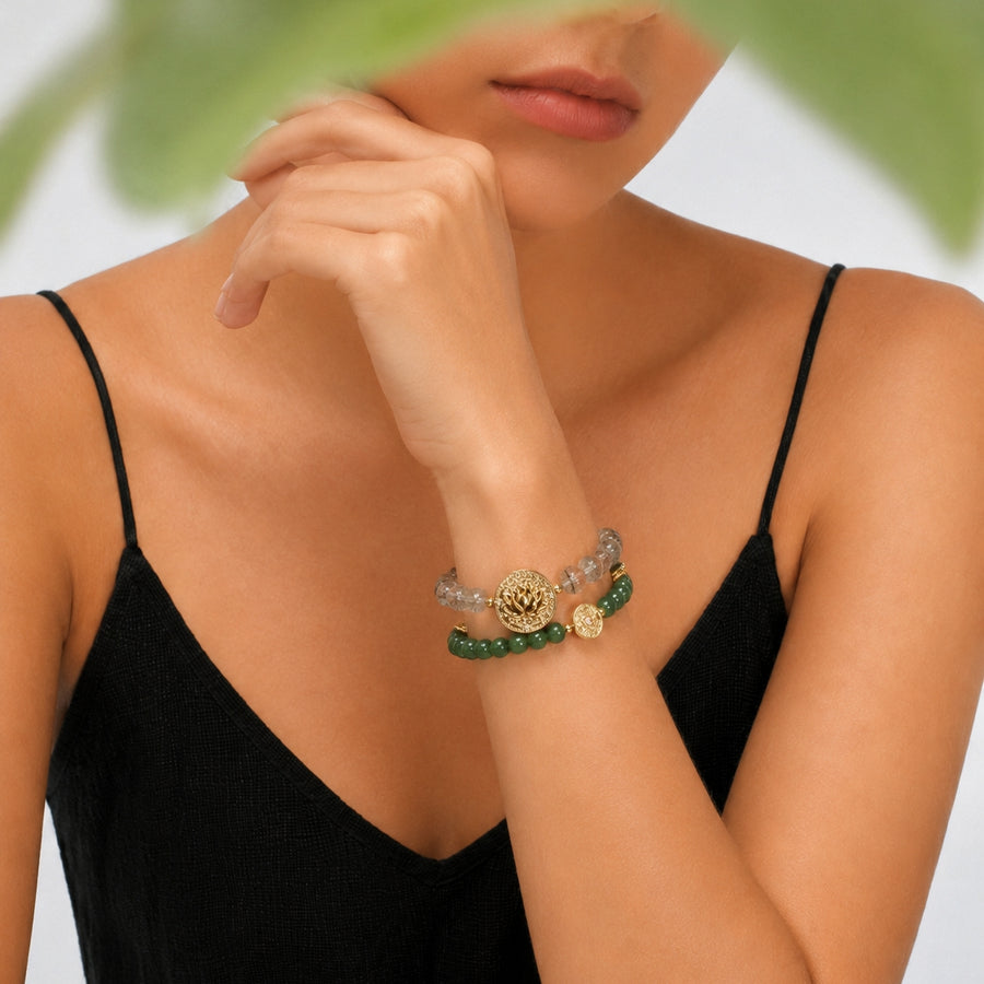 Lotus Within · 18K Gold Vermeil / Rhodium Plated Sterling Silver Lotus & Fish Coin Double Wrap Green Phantom Quartz & Green Nephrite Jade Bracelet